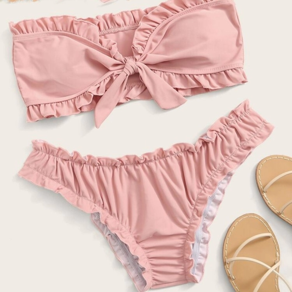 SHEIN Frill Trim Knot Bandeau Bikini Swimsuit
